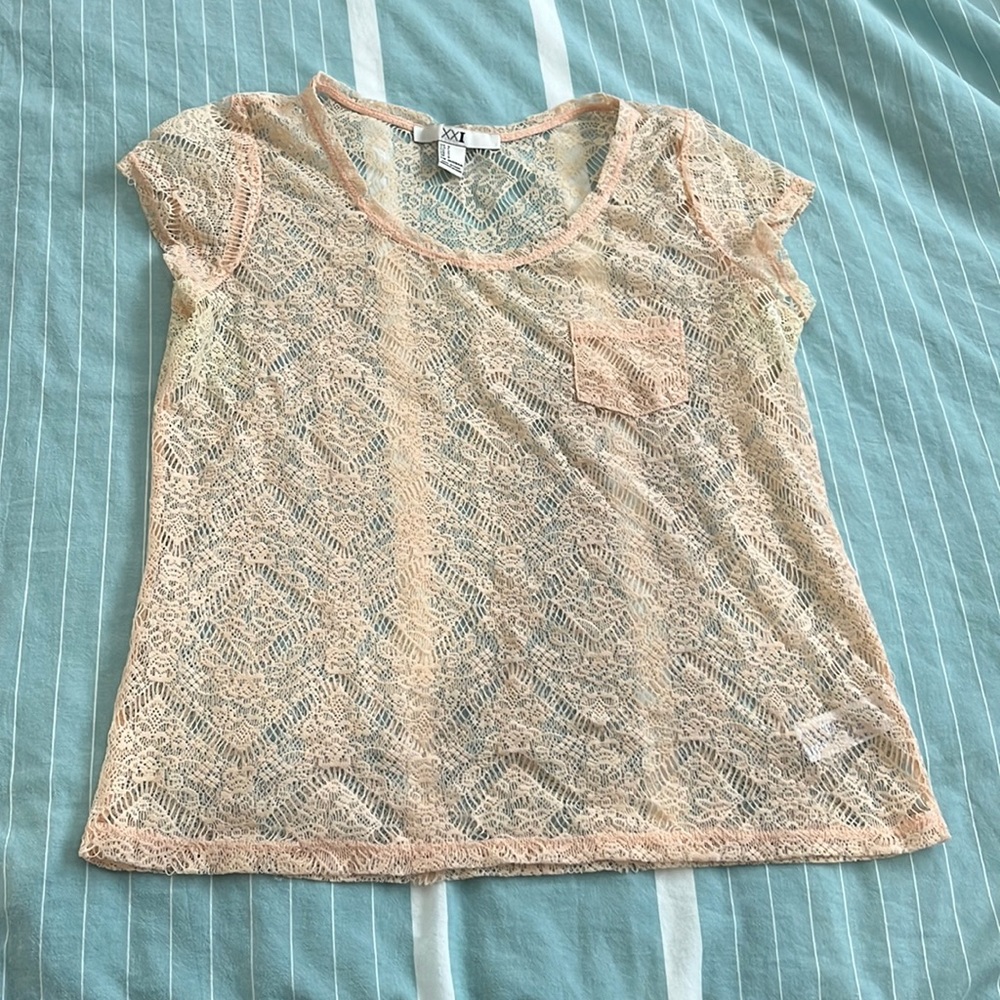 Lace, peach, pocket tee